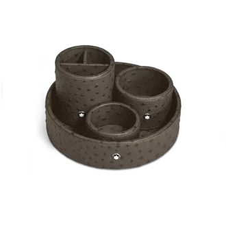 Bandeja de secretária grande redonda em pele com relevo de avestruz