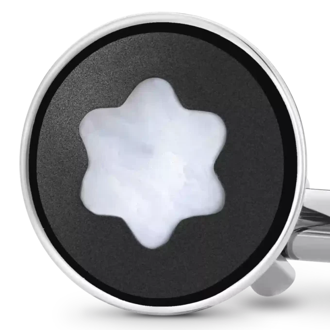 Botões de punho redondos em aço inoxidável com incrustação em PVD preto e emblema em madrepérola com padrão de neve