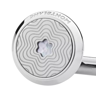 Botões de punho redondos em aço inoxidável com padrão de estrela explosiva e emblema de madrepérola com cobertura de neve