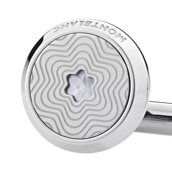 Botões de punho redondos em aço inoxidável com padrão de estrela explosiva e emblema de madrepérola com cobertura de neve