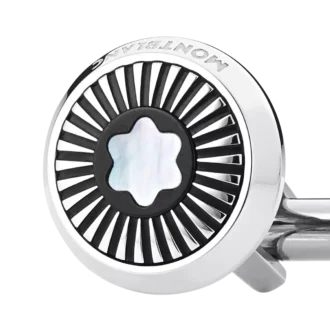 Botões de punho redondos em aço inoxidável com padrão de raios e emblema de neve em madrepérola