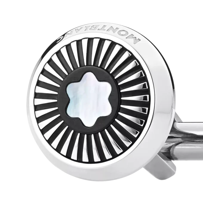 Botões de punho redondos em aço inoxidável com padrão de raios e emblema de neve em madrepérola