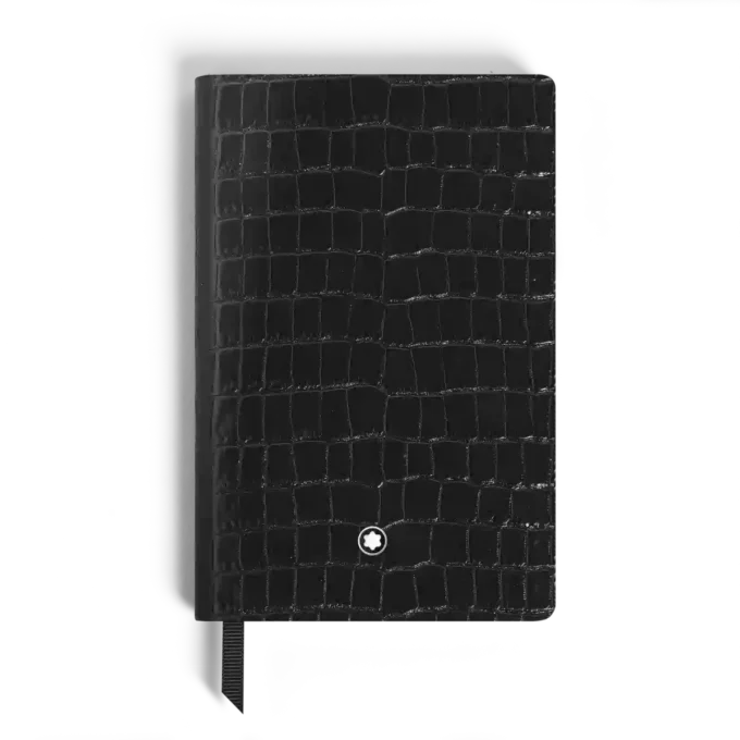 Caderno pequeno, couro com relevo croco, preto – páginas pautadas