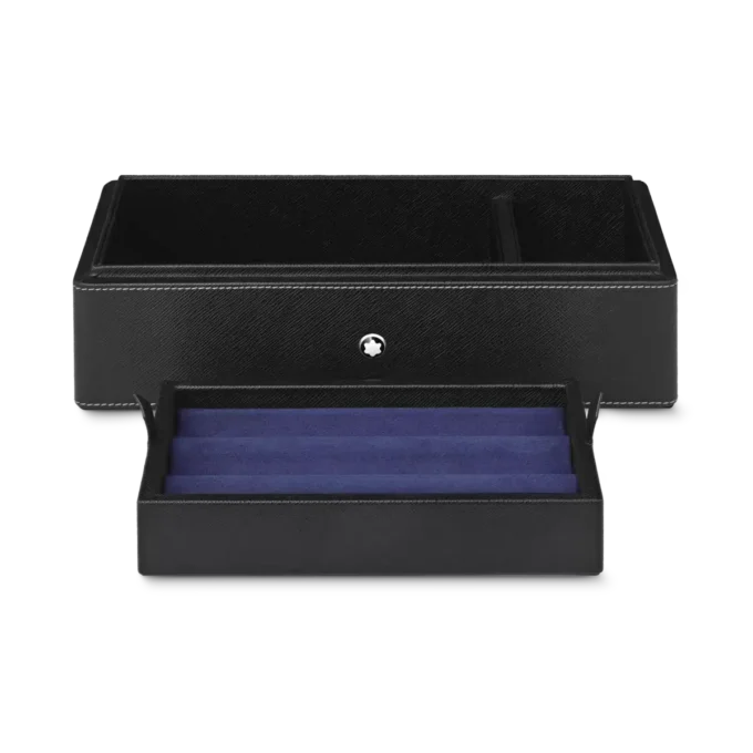 Caixa de secretária em pele para três instrumentos de escrita e um frasco de tinta