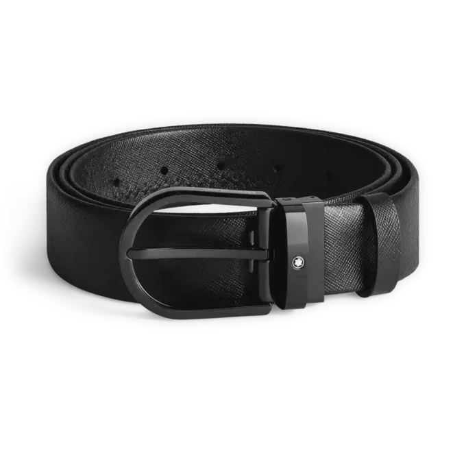 Cinto de couro preto com fivela em forma de ferradura de 35 mm