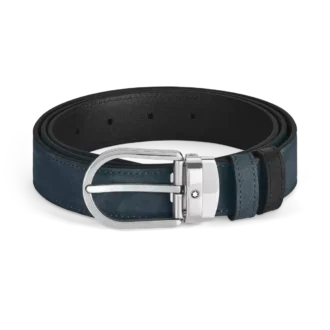Cinto de couro reversível com fivela em forma de ferradura azul aveludado/preto de 30 mm