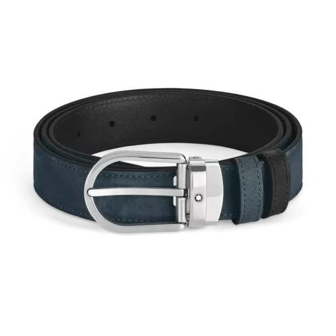 Cinto de couro reversível com fivela em forma de ferradura azul aveludado/preto de 30 mm