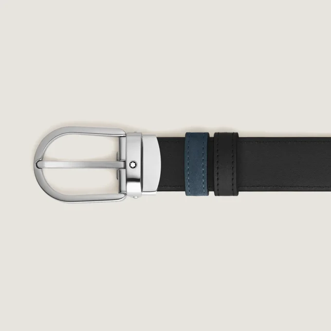 Cinto de couro reversível com fivela em forma de ferradura azul aveludado/preto de 30 mm