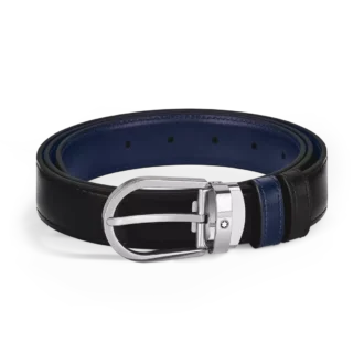Cinto de couro reversível com fivela em forma de ferradura preta/azul-tinta 30 mm