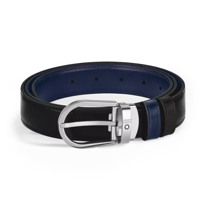 Cinto de couro reversível com fivela em forma de ferradura preta/azul-tinta 30 mm