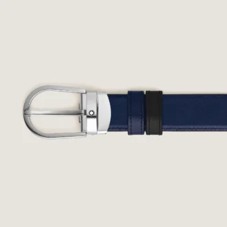Cinto de couro reversível com fivela em forma de ferradura preta/azul-tinta 30 mm