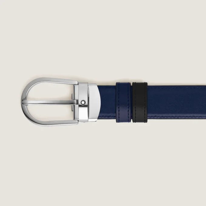 Cinto de couro reversível com fivela em forma de ferradura preta/azul-tinta 30 mm