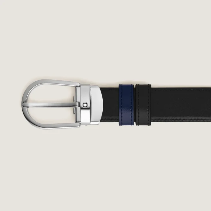 Cinto de couro reversível com fivela em forma de ferradura preta/azul-tinta 30 mm