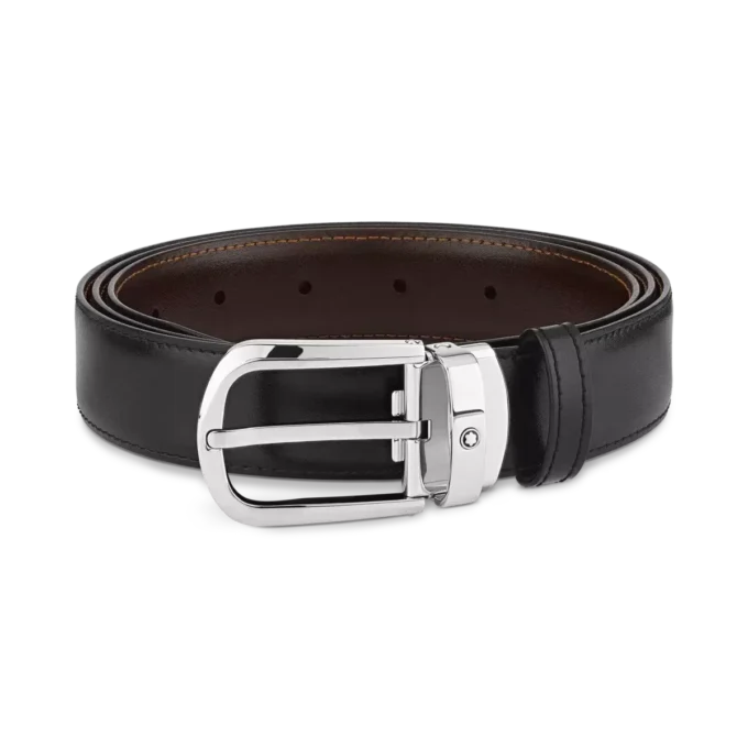 Cinto de couro reversível com fivela em forma de ferradura preta/castanha de 30 mm