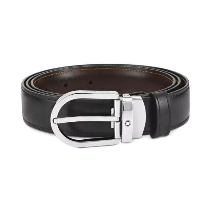 Cinto de couro reversível com fivela em forma de ferradura preta/castanha de 30 mm