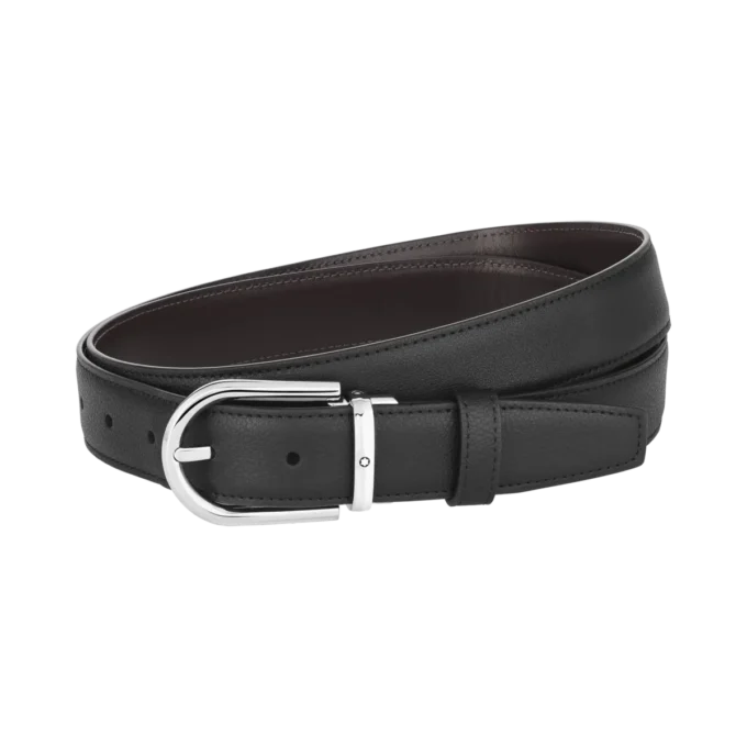 Cinto de couro reversível com fivela em forma de ferradura preta/castanha de 30 mm