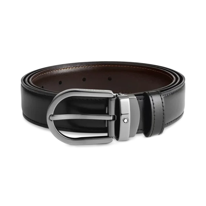 Cinto de couro reversível com fivela em forma de ferradura preta/castanha de 30 mm