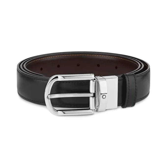 Cinto de couro reversível com fivela em forma de ferradura preta/castanha de 30 mm